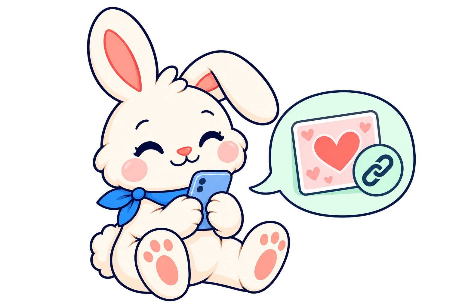 Oliver the bunny sharing a heart ecard link from his phone