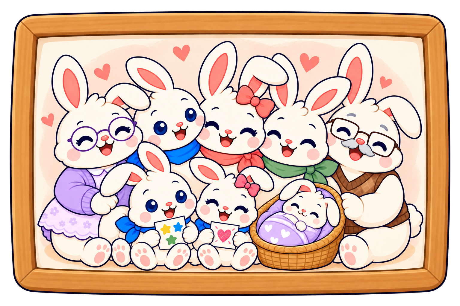A warm wooden frame holds the whole bunny family: Oliver, Rosie, Kit, Bea, baby Button, Uncle Rowan, Nana June, and Grandpa Theo.