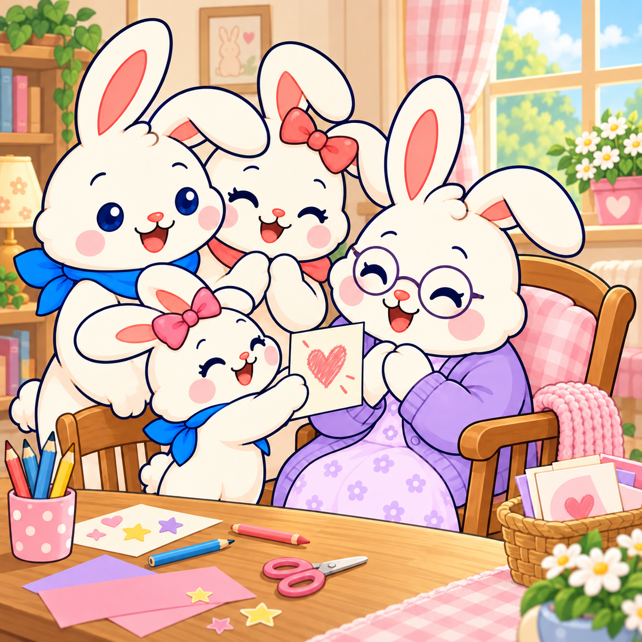 Bea gives Nana June a little card with a wobbly heart while Oliver and Rosie look on in their cozy family home.