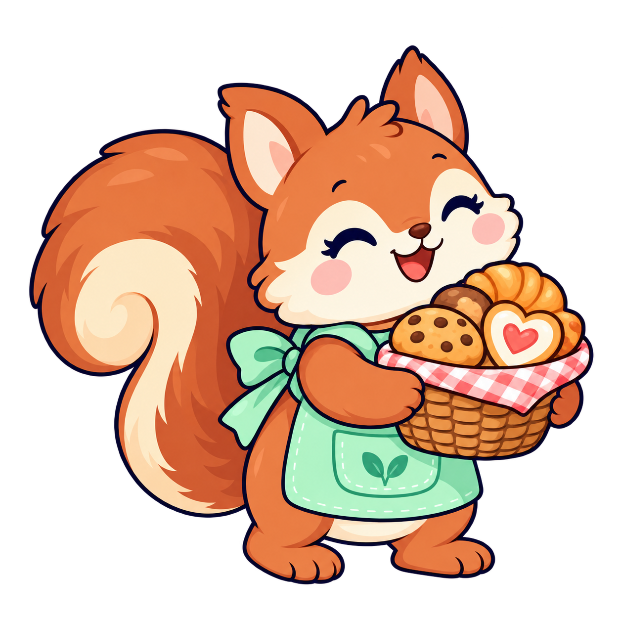 Maple, a russet squirrel with a fluffy tail and mint apron, carrying a basket of biscuits.