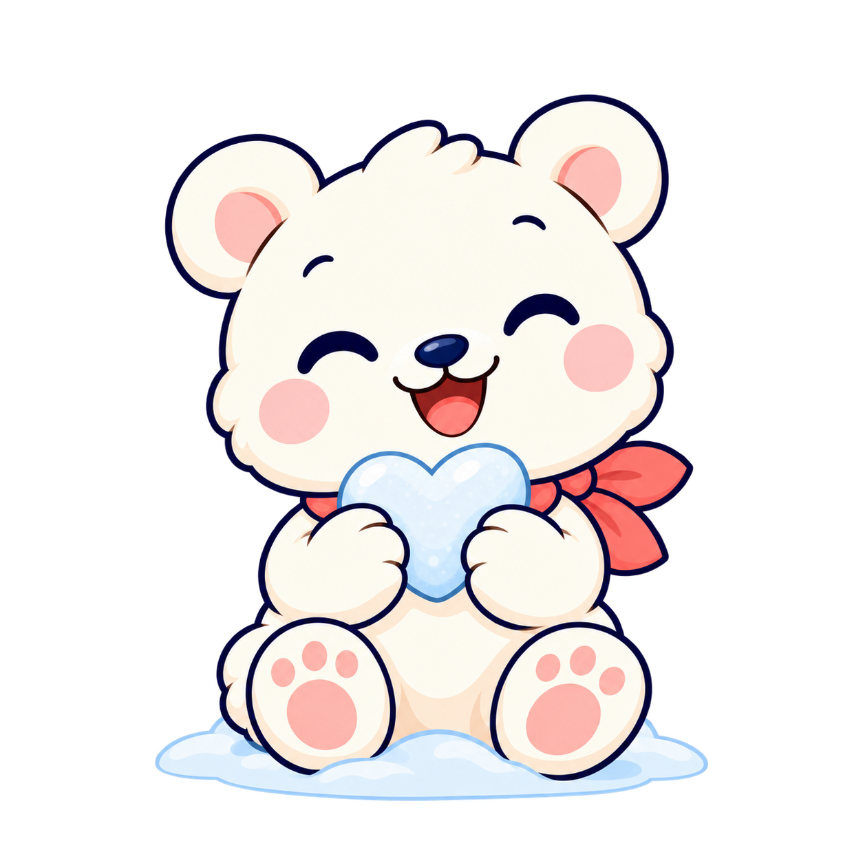 Pebble, a creamy white polar bear cub with a coral neckerchief, sitting and holding a little snow heart.