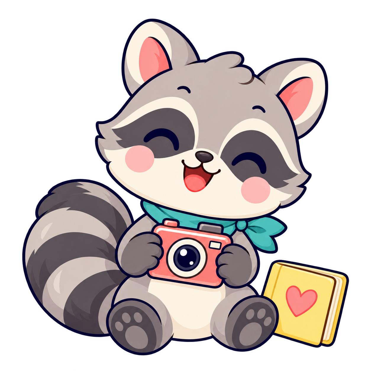 Remy, a little gray raccoon with a plush striped tail and teal neckerchief, holding a coral camera beside a heart-covered scrapbook.
