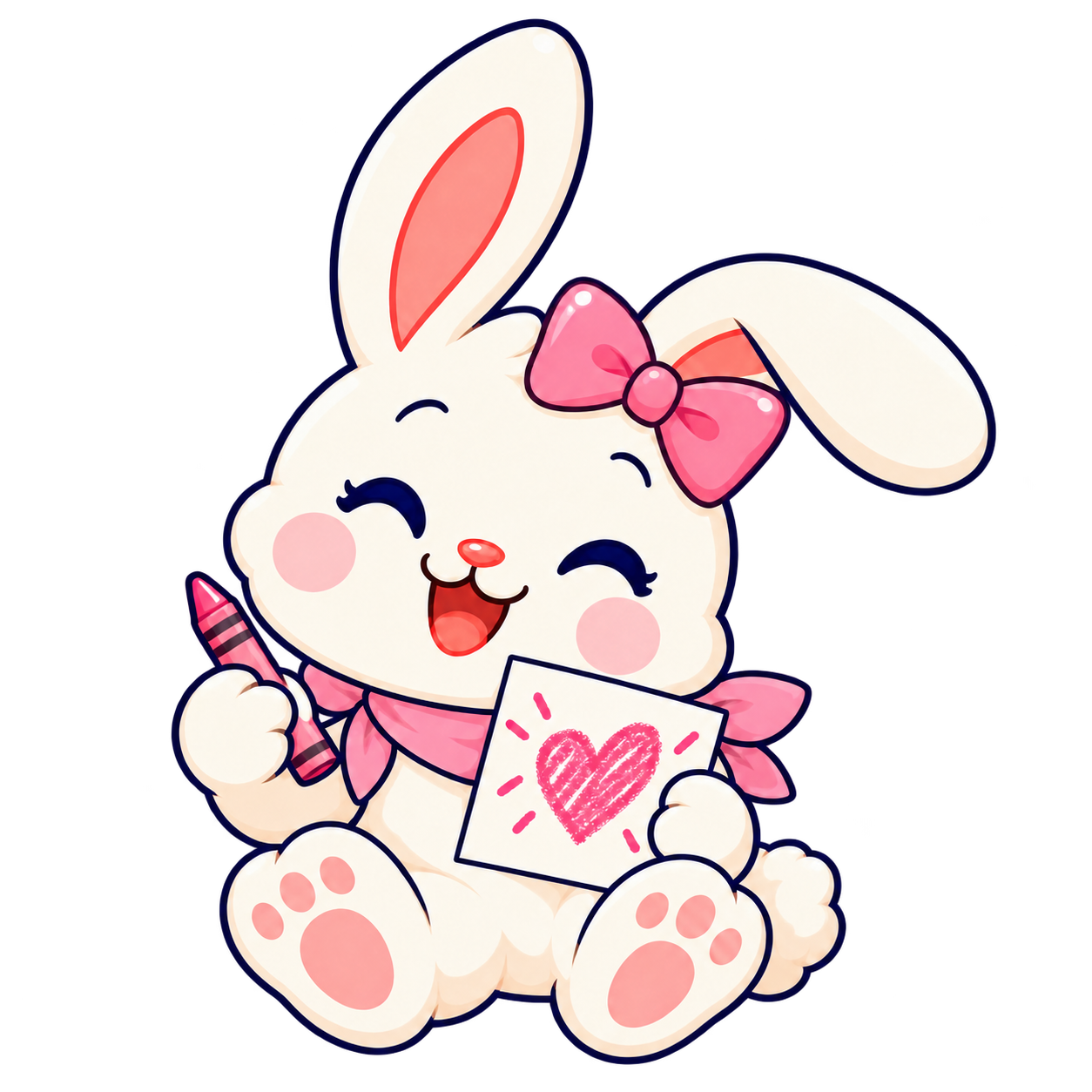 Bea, a young bunny with a pink bow and pink bandana, holding a crayon and heart card.