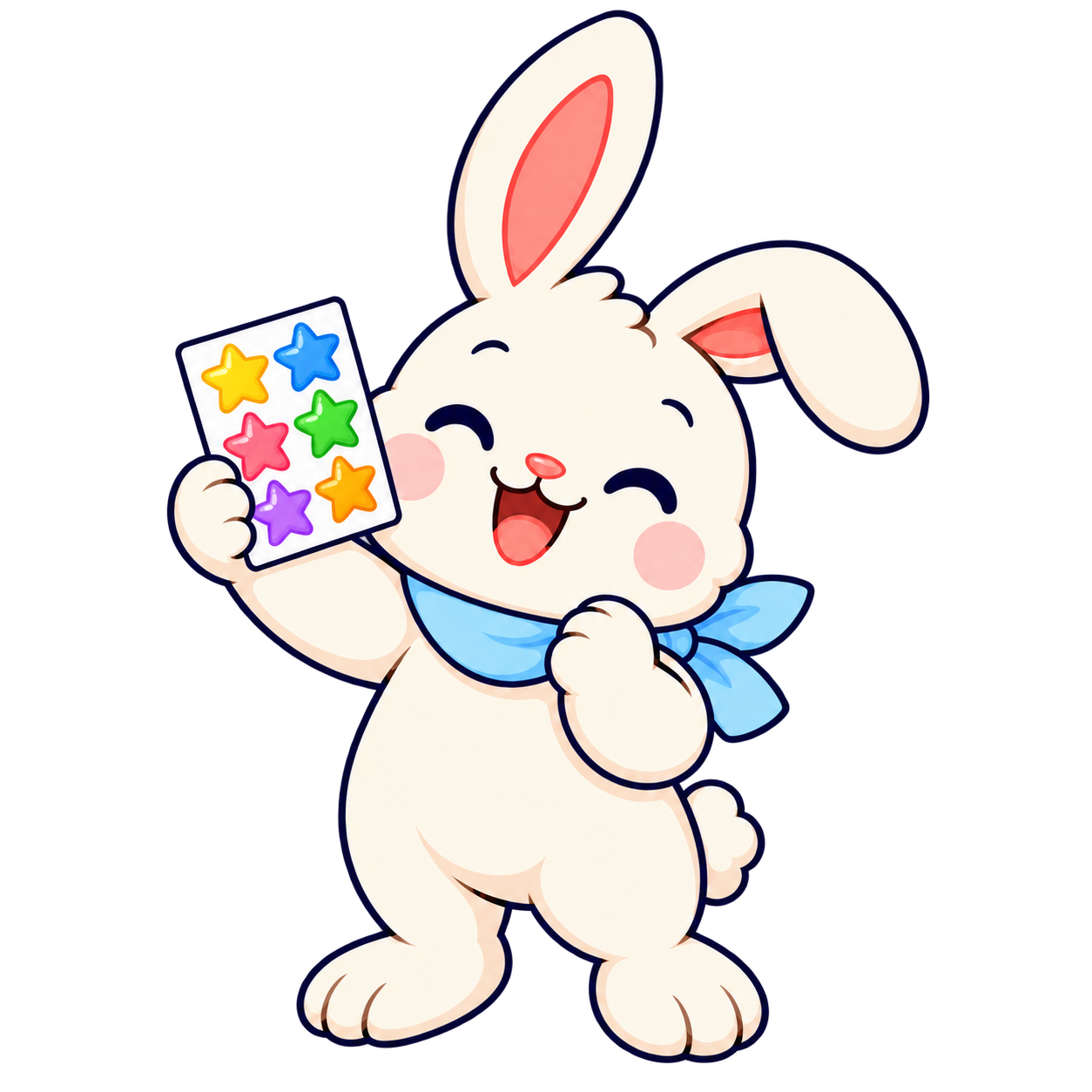 Kit, a young bunny with a light blue bandana, holding a sheet of star stickers.