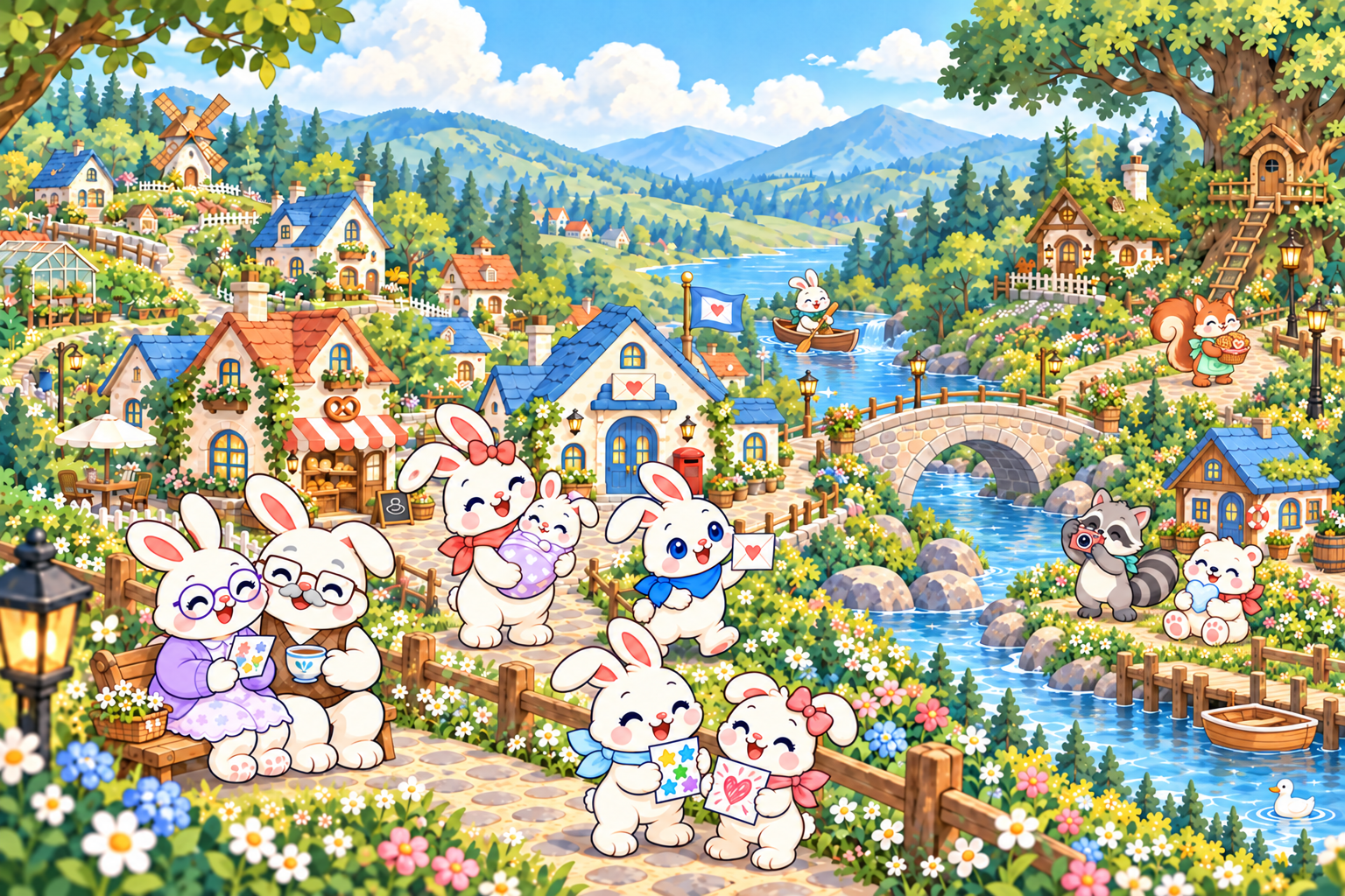 The Bunny family and their friends enjoy Bunnyland: Nana June and Grandpa Theo share a garden bench, Rosie holds baby Button, Oliver carries a card, Kit and Bea show their drawings, Uncle Rowan paddles a canoe upriver from the clear stone bridge, Maple carries biscuits, Remy takes a photo, and Pebble holds a snow heart beside the river.