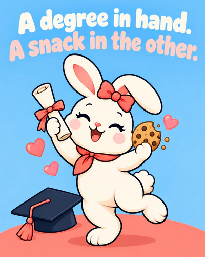 A degree in hand. A snack in the other.
