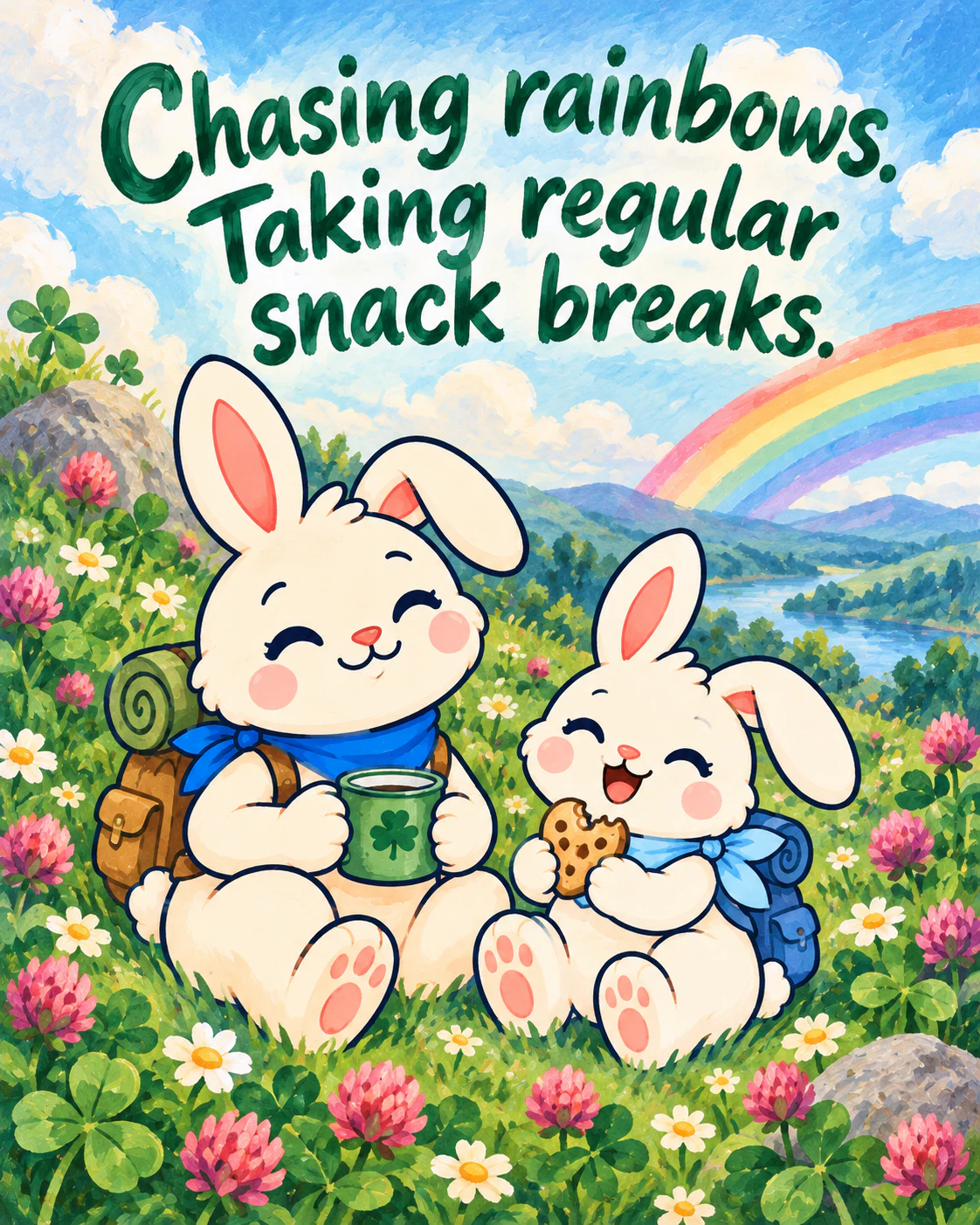 Chasing rainbows. Taking regular snack breaks.