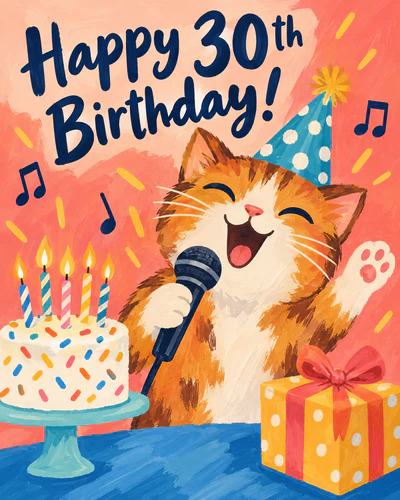 A singing cat celebrates your 30th birthday