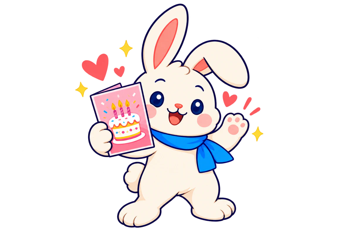 CardBunny’s bunny holding a birthday ecard and waving