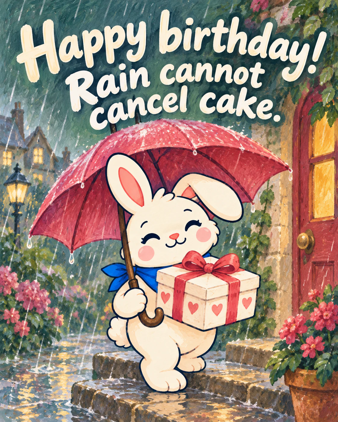 Happy birthday! Rain cannot cancel cake.