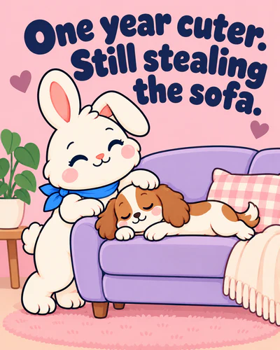 One year cuter. Still stealing the sofa.