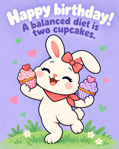 Happy birthday! A balanced diet is two cupcakes.