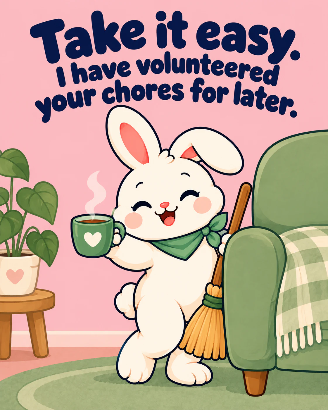 Take it easy. I have volunteered your chores for later.