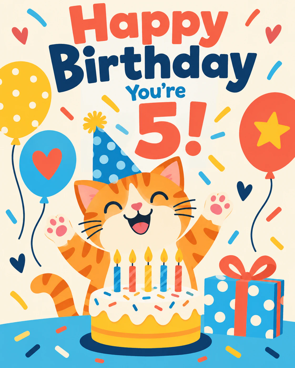 A cheerful cat celebrates your 5th birthday