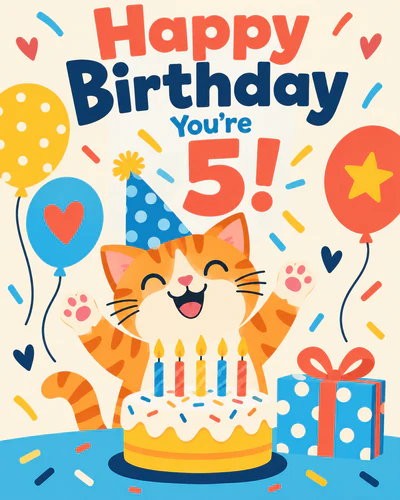 A cheerful cat celebrates your 5th birthday