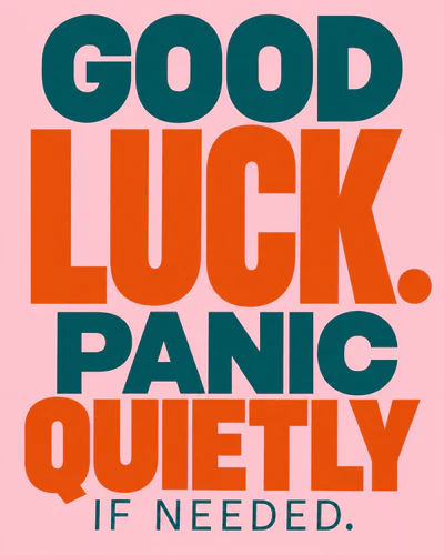 GOOD LUCK. PANIC QUIETLY IF NEEDED.