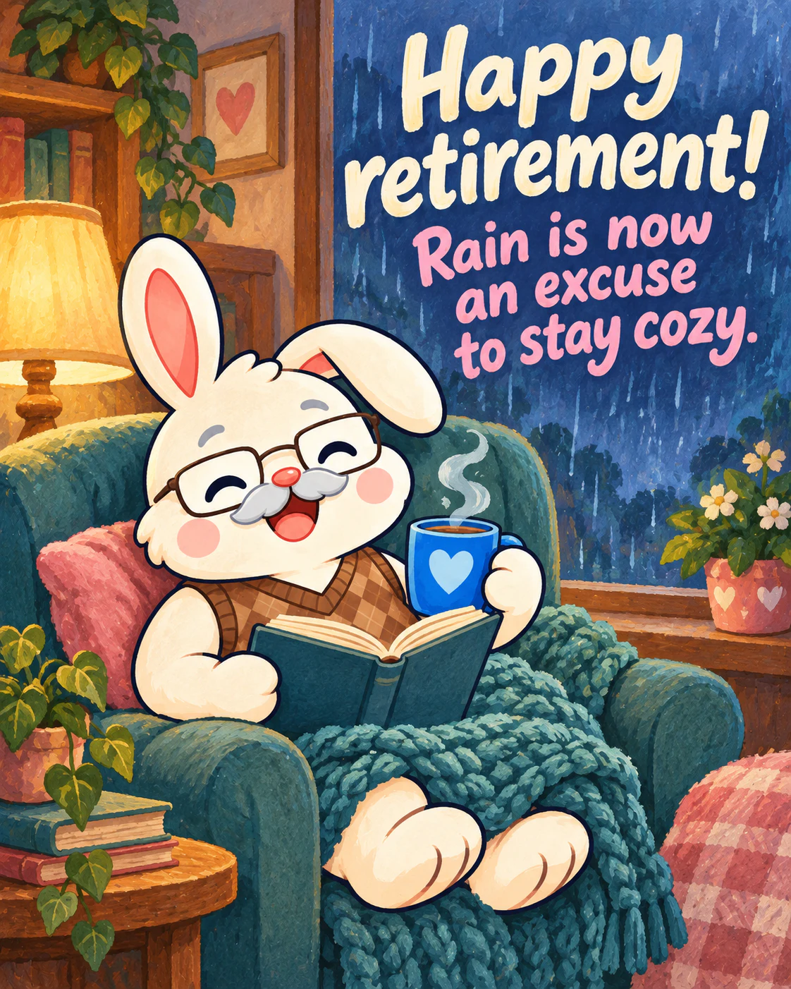 Happy retirement! Rain is now an excuse to stay cozy.
